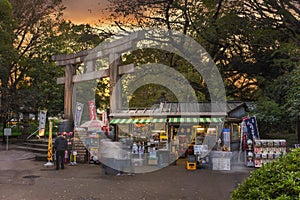 Retro souvenirs store Toshogu Daiichi Shop beside the stone torii gate of Ueno TÃÂshÃÂ-gÃÂ« shrine.